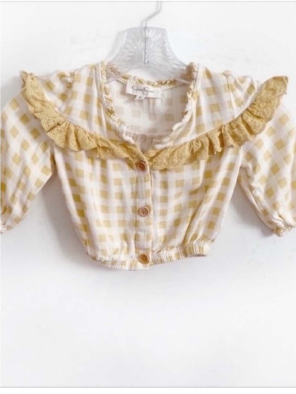 Jessica Simpson girls crop top mustard yellow white gingham ruffle eyelet lace